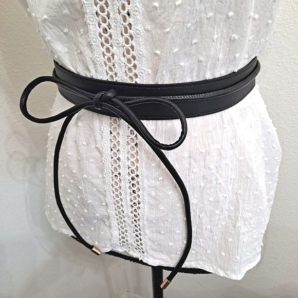 Skinny black boho faux leather waist Obi self tie vegan wrap statement belt - Picture 12 of 15